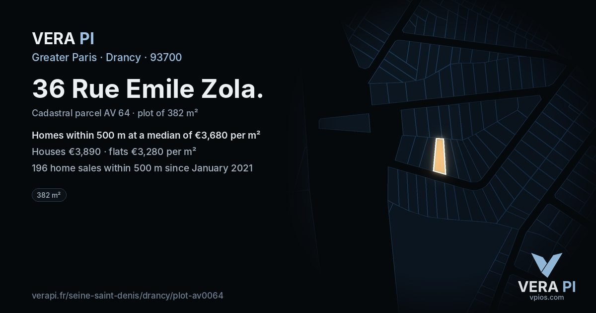 36 Rue Emile Zola, Drancy at night – the plot lit, the parcels around coloured by the prices near them