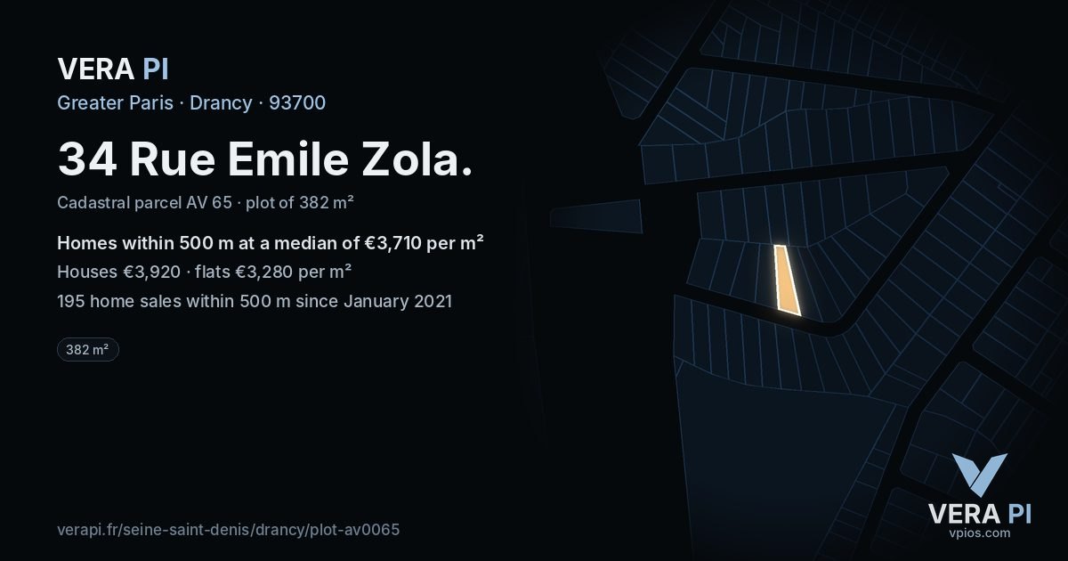 34 Rue Emile Zola, Drancy at night – the plot lit, the parcels around coloured by the prices near them