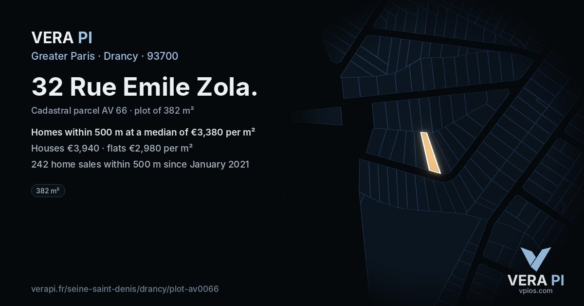 32 Rue Emile Zola, Drancy at night – the plot lit, the parcels around coloured by the prices near them