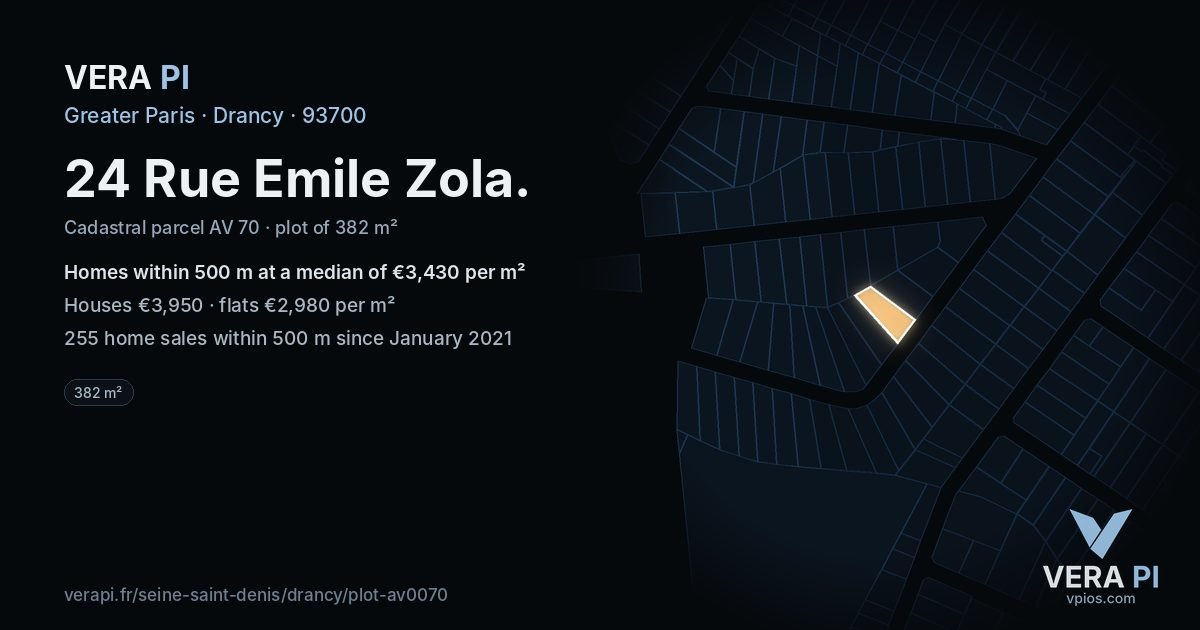 24 Rue Emile Zola, Drancy at night – the plot lit, the parcels around coloured by the prices near them