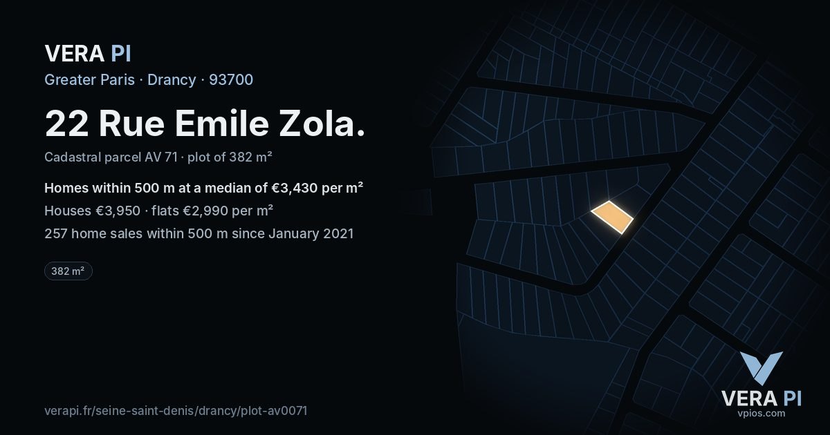 22 Rue Emile Zola, Drancy at night – the plot lit, the parcels around coloured by the prices near them