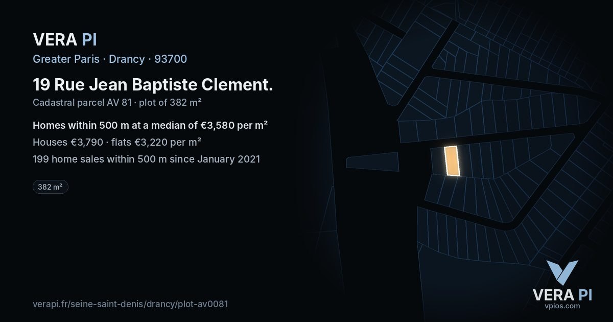 19 Rue Jean Baptiste Clement, Drancy at night – the plot lit, the parcels around coloured by the prices near them