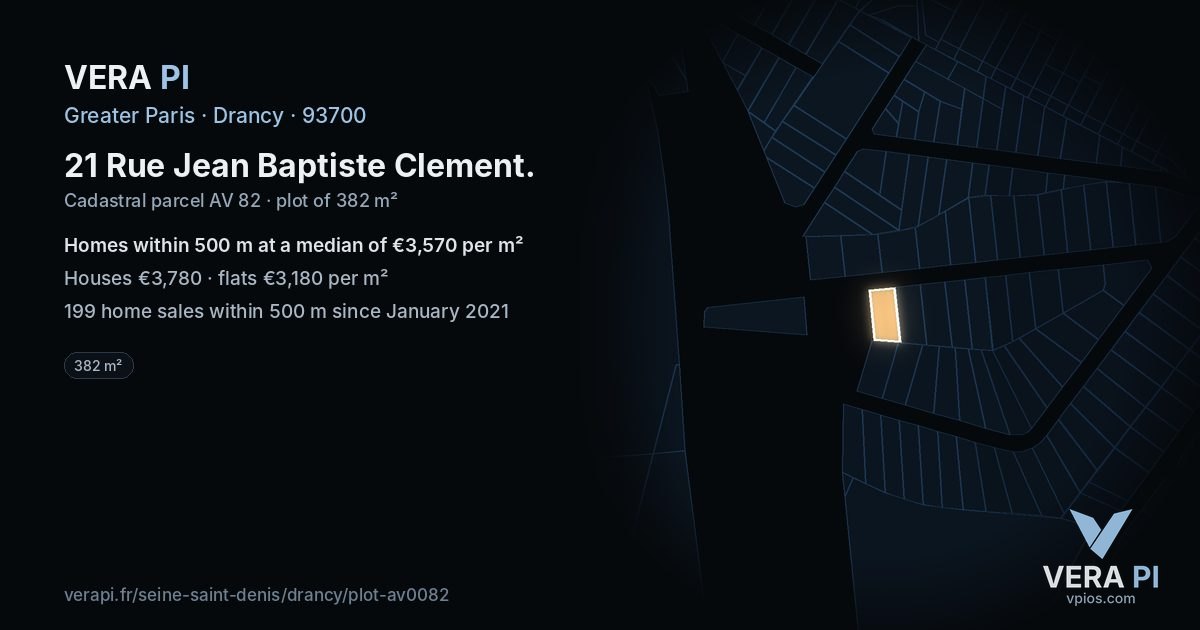 21 Rue Jean Baptiste Clement, Drancy at night – the plot lit, the parcels around coloured by the prices near them