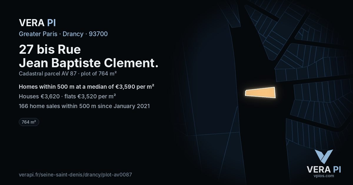 27 bis Rue Jean Baptiste Clement, Drancy at night – the plot lit, the parcels around coloured by the prices near them