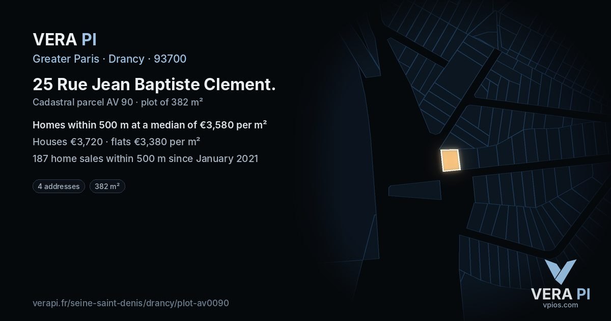 25 Rue Jean Baptiste Clement, Drancy at night – the plot lit, the parcels around coloured by the prices near them