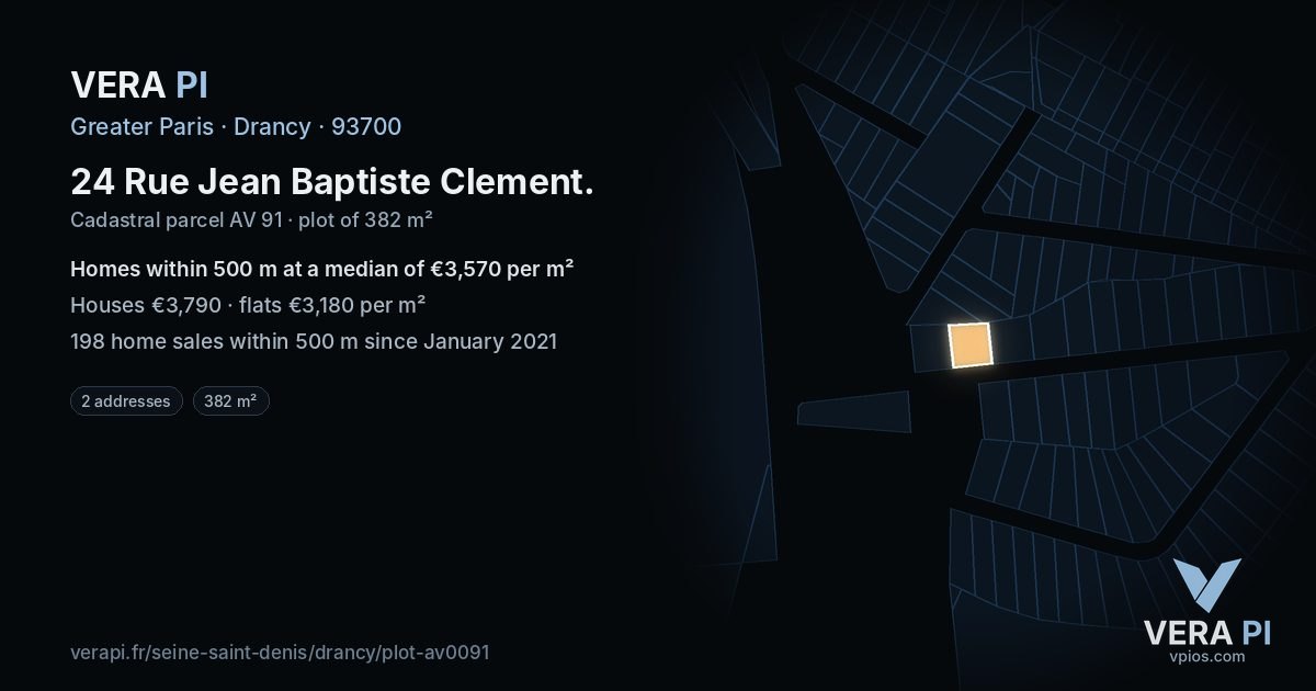 24 Rue Jean Baptiste Clement, Drancy at night – the plot lit, the parcels around coloured by the prices near them
