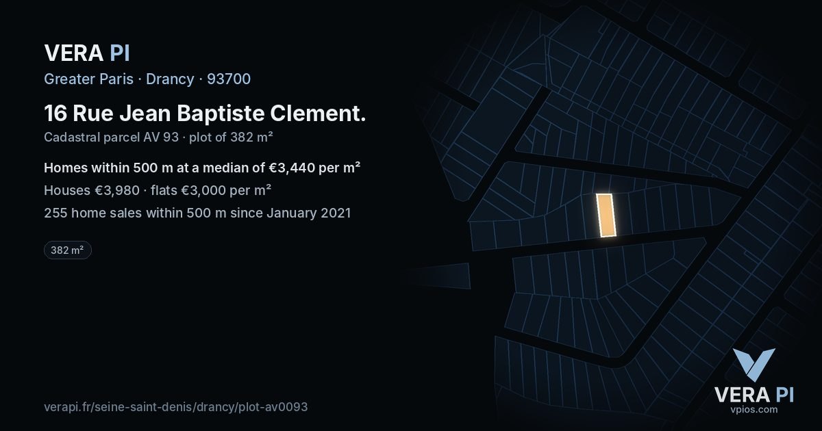 16 Rue Jean Baptiste Clement, Drancy at night – the plot lit, the parcels around coloured by the prices near them