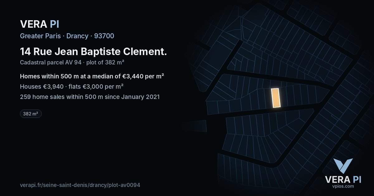 14 Rue Jean Baptiste Clement, Drancy at night – the plot lit, the parcels around coloured by the prices near them