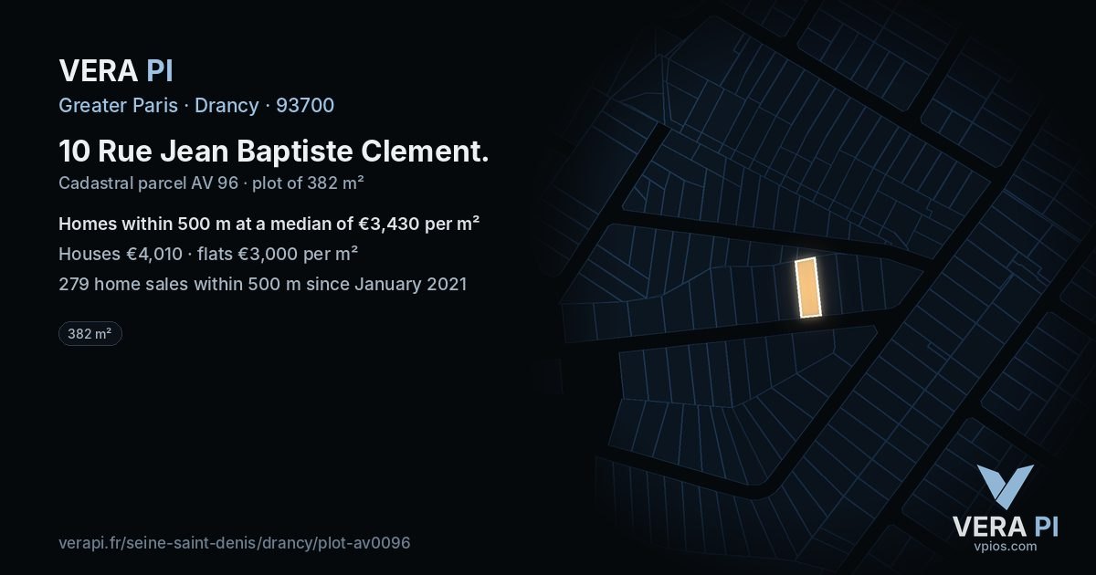 10 Rue Jean Baptiste Clement, Drancy at night – the plot lit, the parcels around coloured by the prices near them