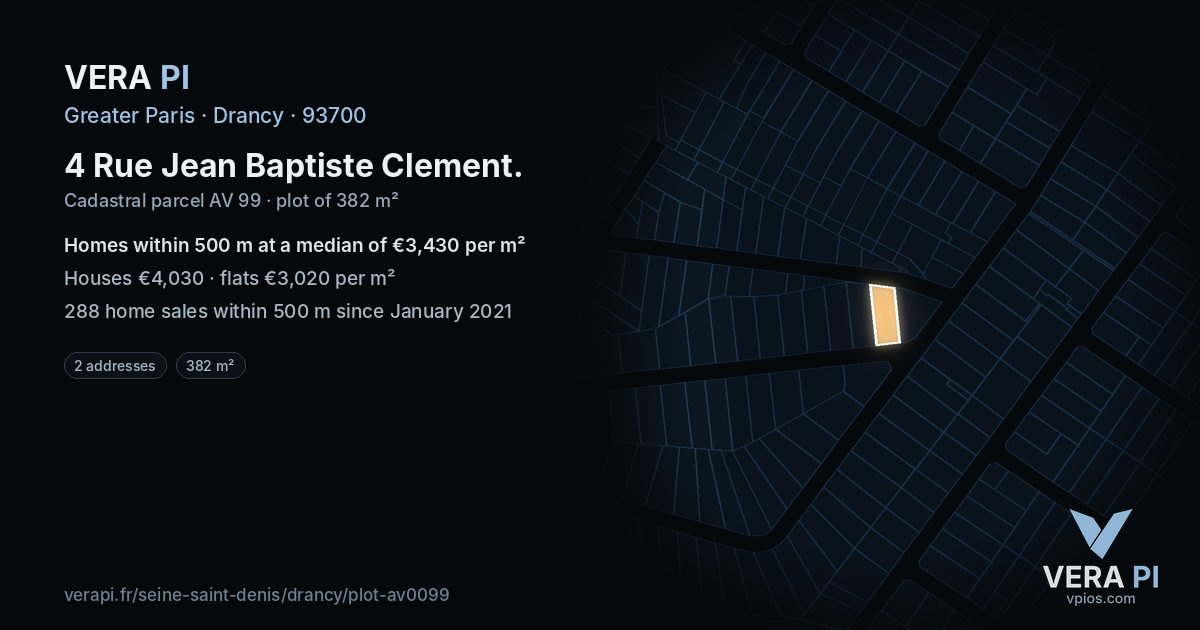 4 Rue Jean Baptiste Clement, Drancy at night – the plot lit, the parcels around coloured by the prices near them