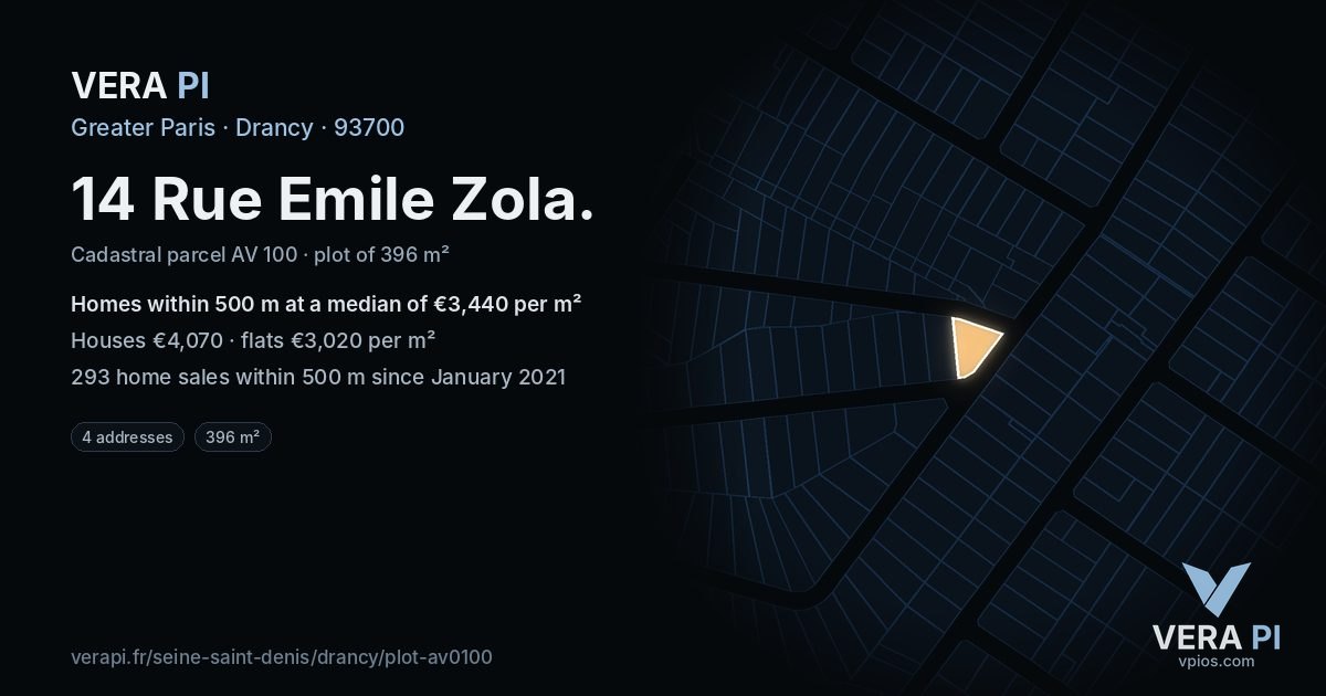 14 Rue Emile Zola, Drancy at night – the plot lit, the parcels around coloured by the prices near them