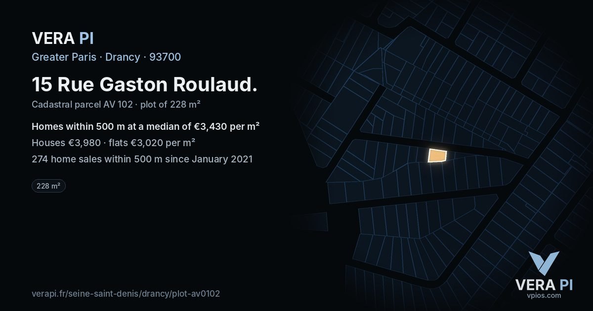 15 Rue Gaston Roulaud, Drancy at night – the plot lit, the parcels around coloured by the prices near them