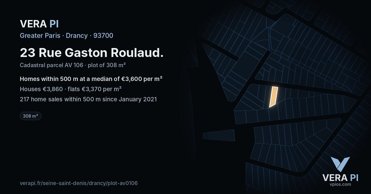 23 Rue Gaston Roulaud, Drancy at night – the plot lit, the parcels around coloured by the prices near them