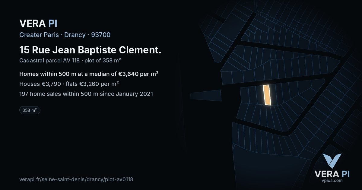15 Rue Jean Baptiste Clement, Drancy at night – the plot lit, the parcels around coloured by the prices near them