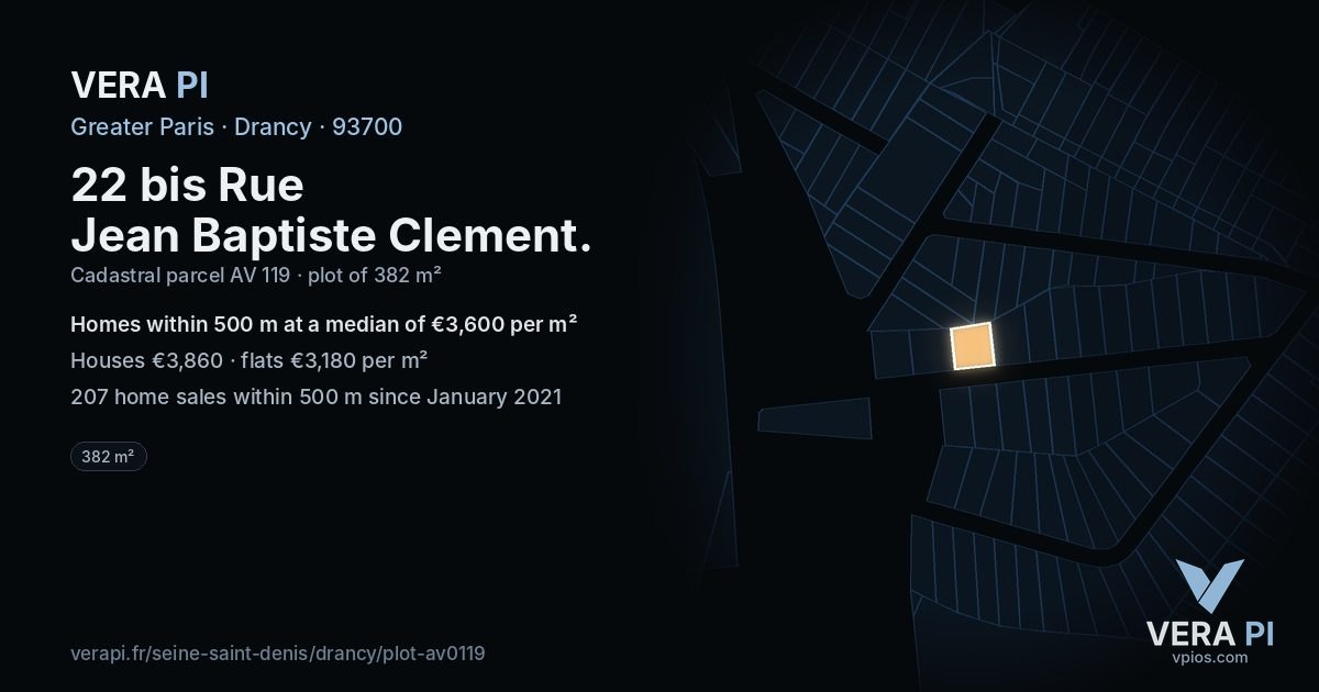 22 bis Rue Jean Baptiste Clement, Drancy at night – the plot lit, the parcels around coloured by the prices near them