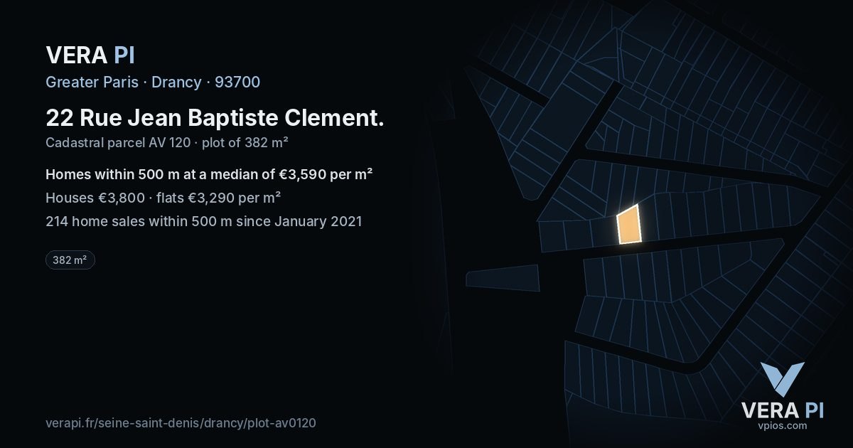 22 Rue Jean Baptiste Clement, Drancy at night – the plot lit, the parcels around coloured by the prices near them