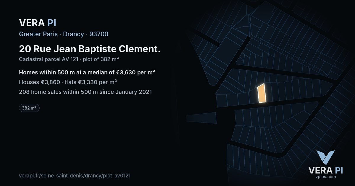 20 Rue Jean Baptiste Clement, Drancy at night – the plot lit, the parcels around coloured by the prices near them