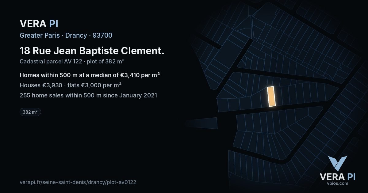 18 Rue Jean Baptiste Clement, Drancy at night – the plot lit, the parcels around coloured by the prices near them