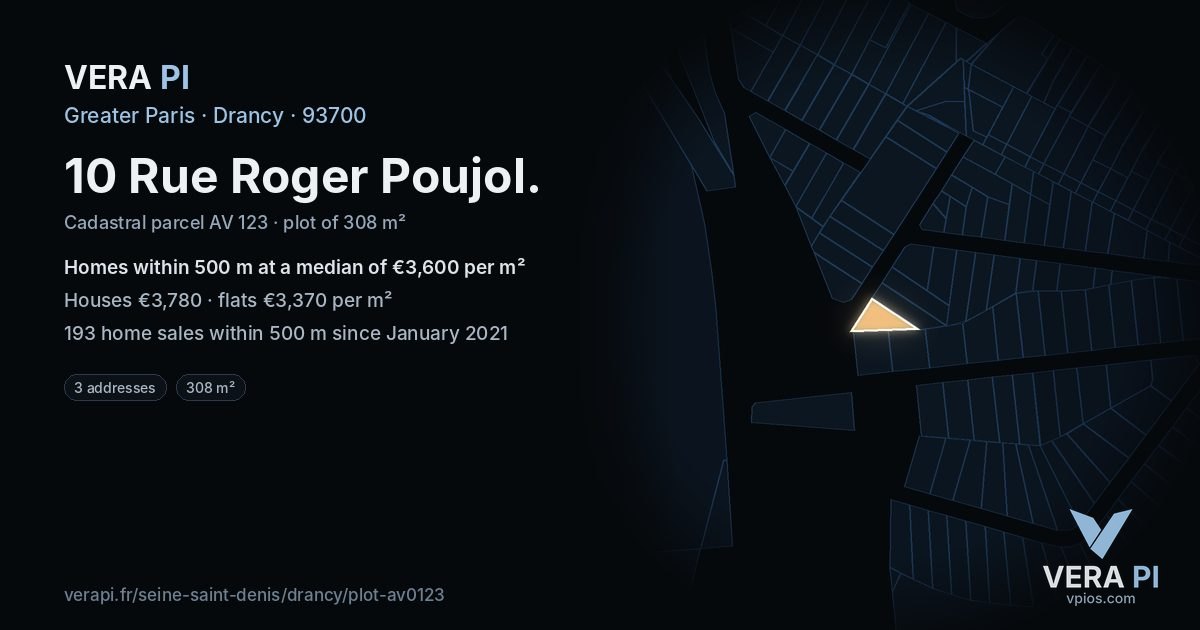 10 Rue Roger Poujol, Drancy at night – the plot lit, the parcels around coloured by the prices near them
