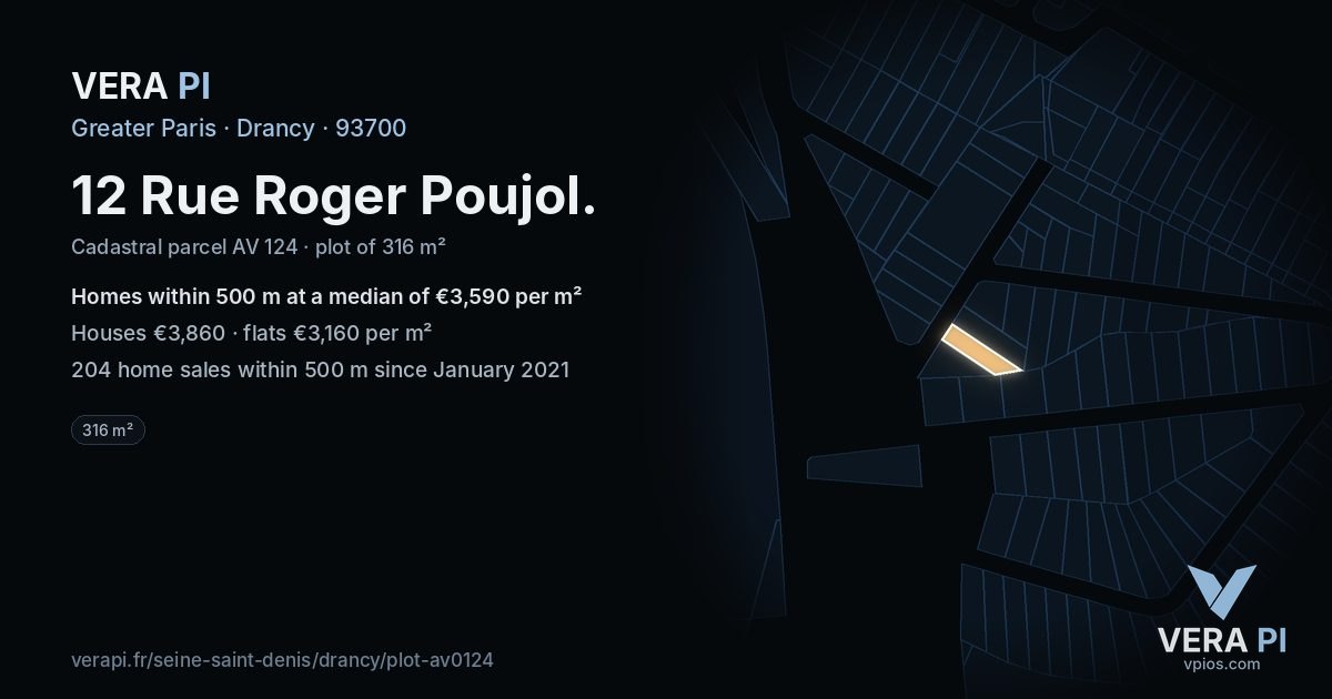 12 Rue Roger Poujol, Drancy at night – the plot lit, the parcels around coloured by the prices near them