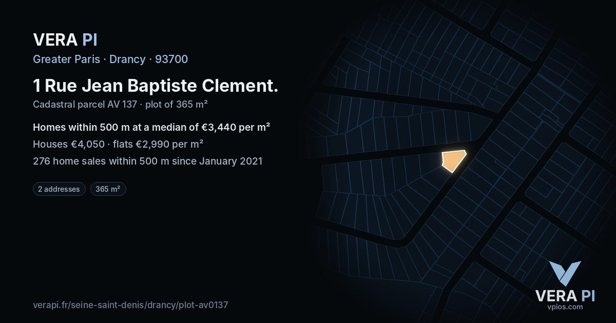 1 Rue Jean Baptiste Clement, Drancy at night – the plot lit, the parcels around coloured by the prices near them