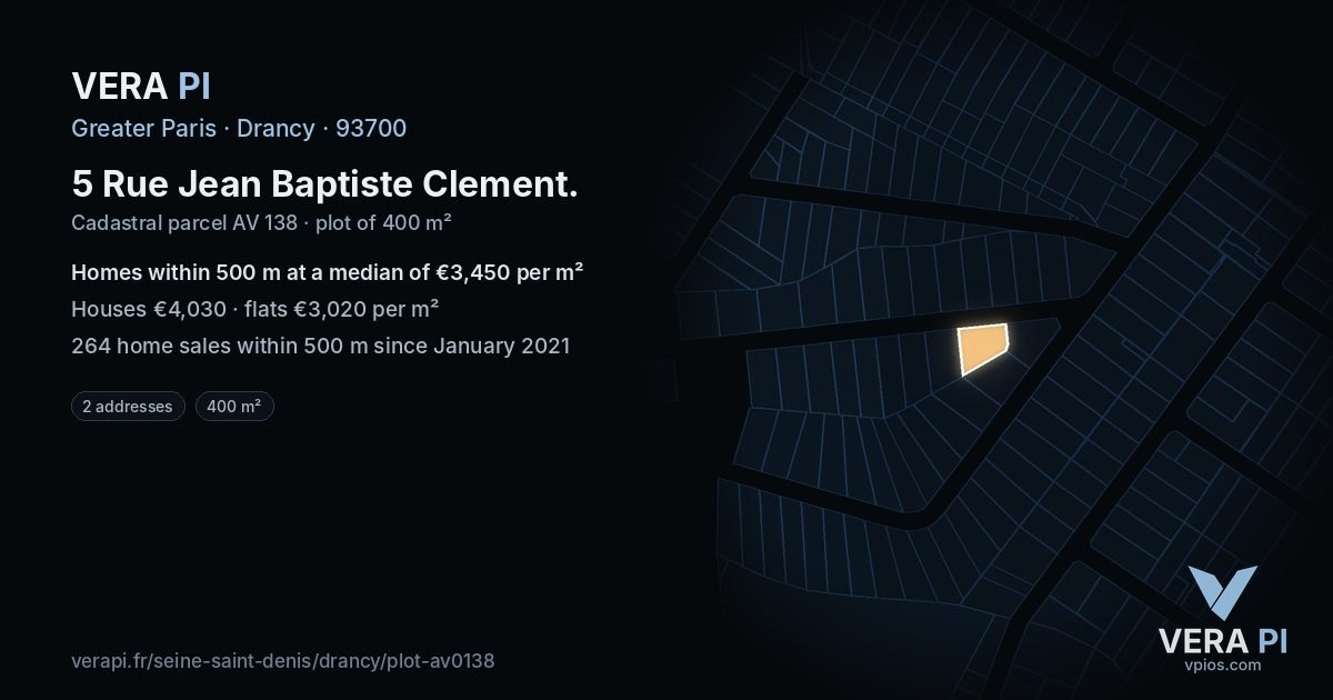 5 Rue Jean Baptiste Clement, Drancy at night – the plot lit, the parcels around coloured by the prices near them