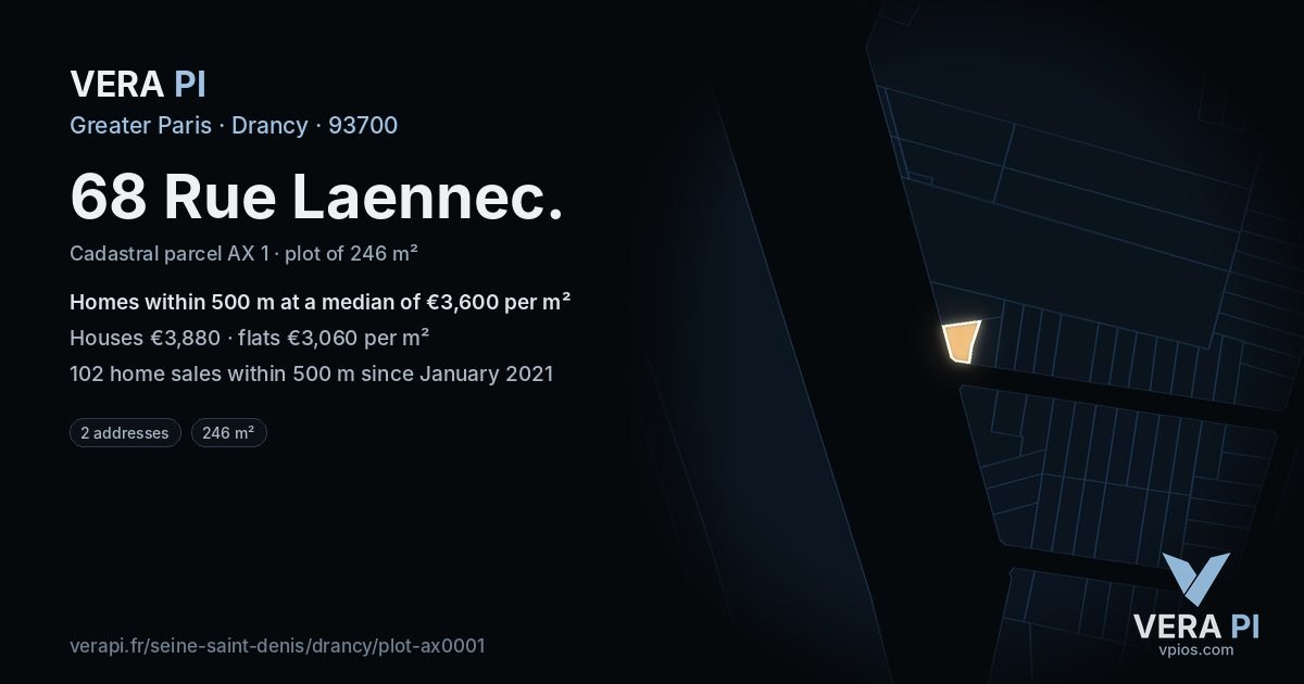 68 Rue Laennec, Drancy at night – the plot lit, the parcels around coloured by the prices near them