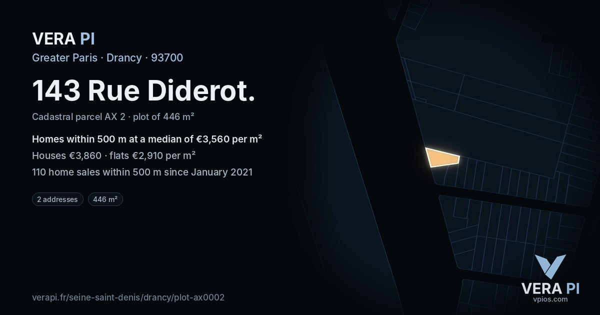 143 Rue Diderot, Drancy at night – the plot lit, the parcels around coloured by the prices near them