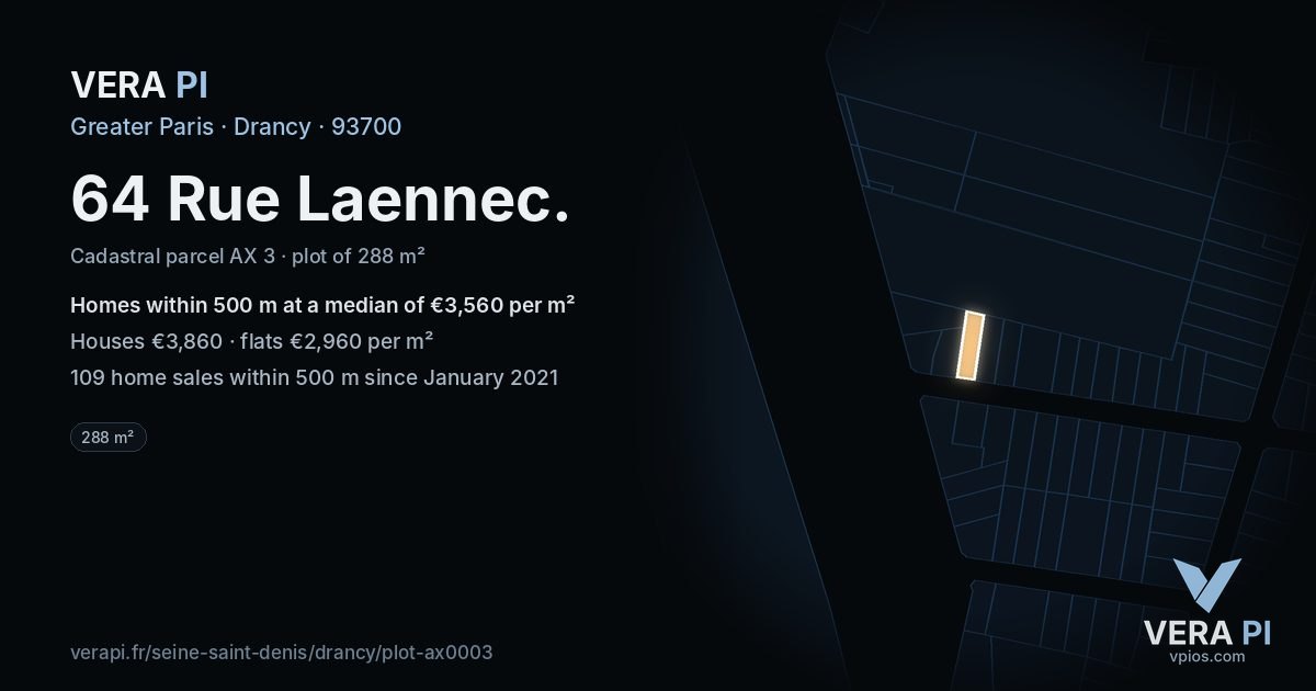 64 Rue Laennec, Drancy at night – the plot lit, the parcels around coloured by the prices near them