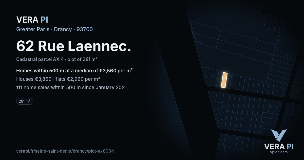 62 Rue Laennec, Drancy at night – the plot lit, the parcels around coloured by the prices near them