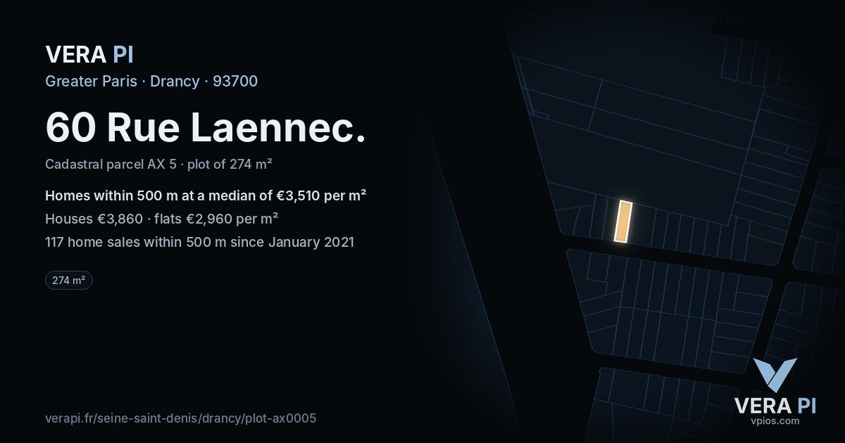 60 Rue Laennec, Drancy at night – the plot lit, the parcels around coloured by the prices near them