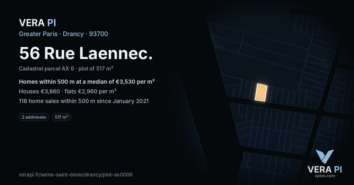 56 Rue Laennec, Drancy at night – the plot lit, the parcels around coloured by the prices near them