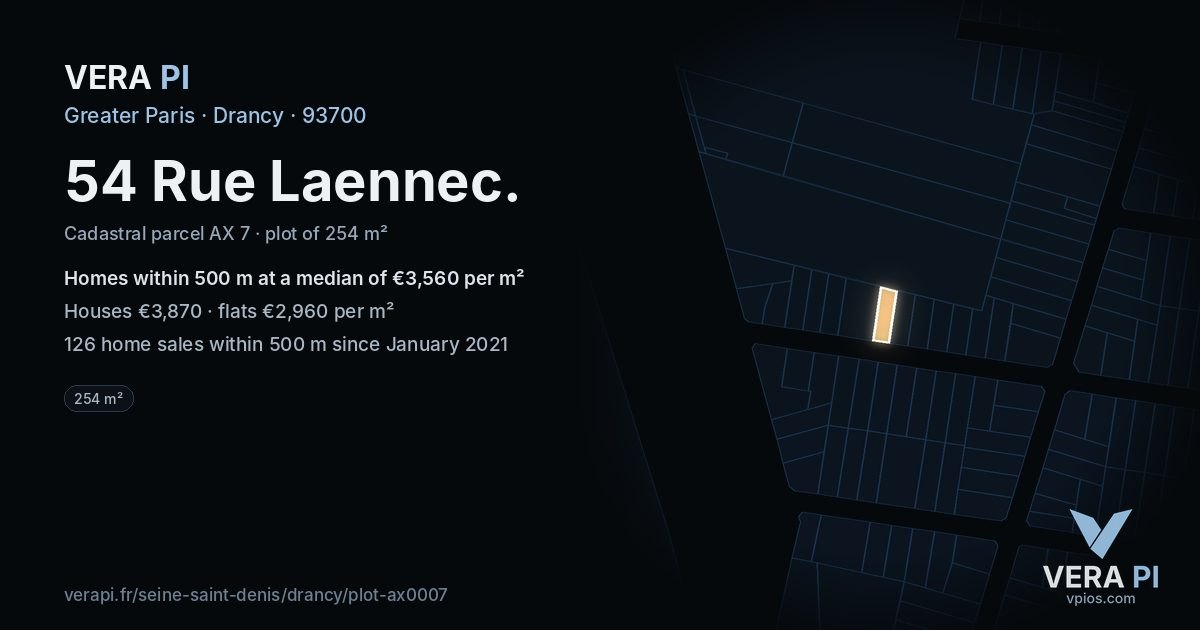 54 Rue Laennec, Drancy at night – the plot lit, the parcels around coloured by the prices near them