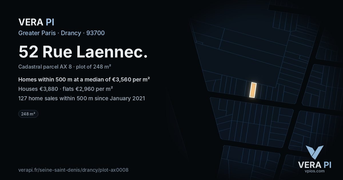 52 Rue Laennec, Drancy at night – the plot lit, the parcels around coloured by the prices near them