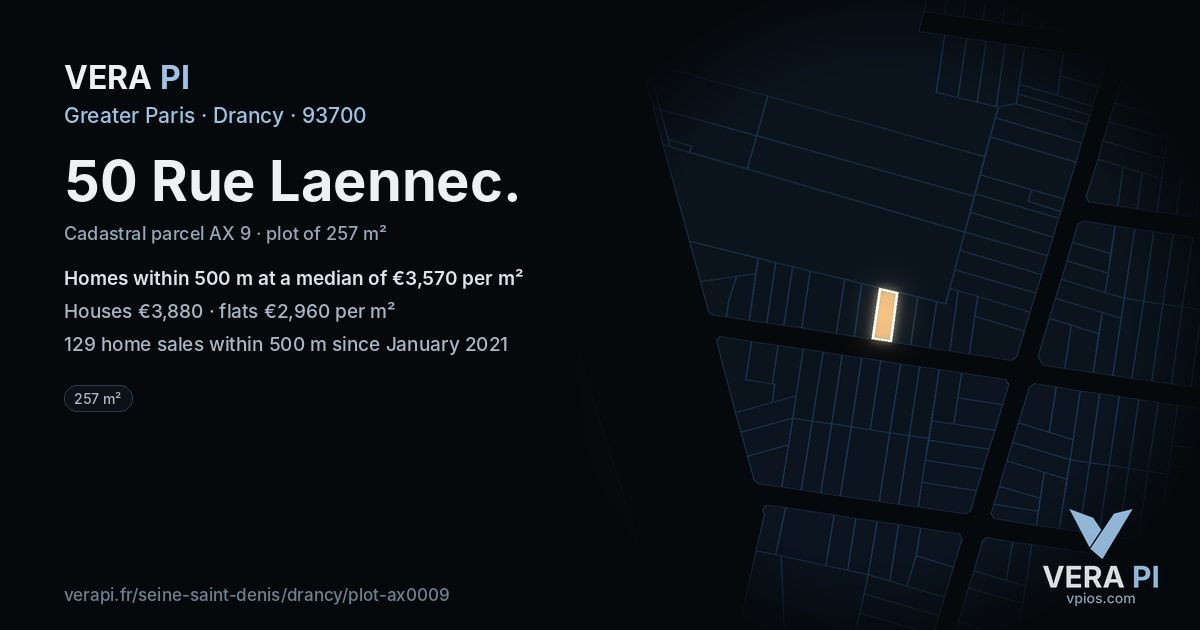 50 Rue Laennec, Drancy at night – the plot lit, the parcels around coloured by the prices near them