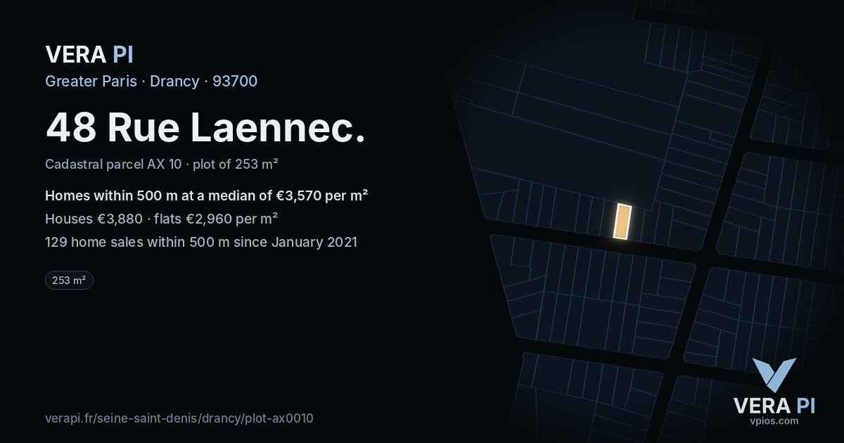 48 Rue Laennec, Drancy at night – the plot lit, the parcels around coloured by the prices near them