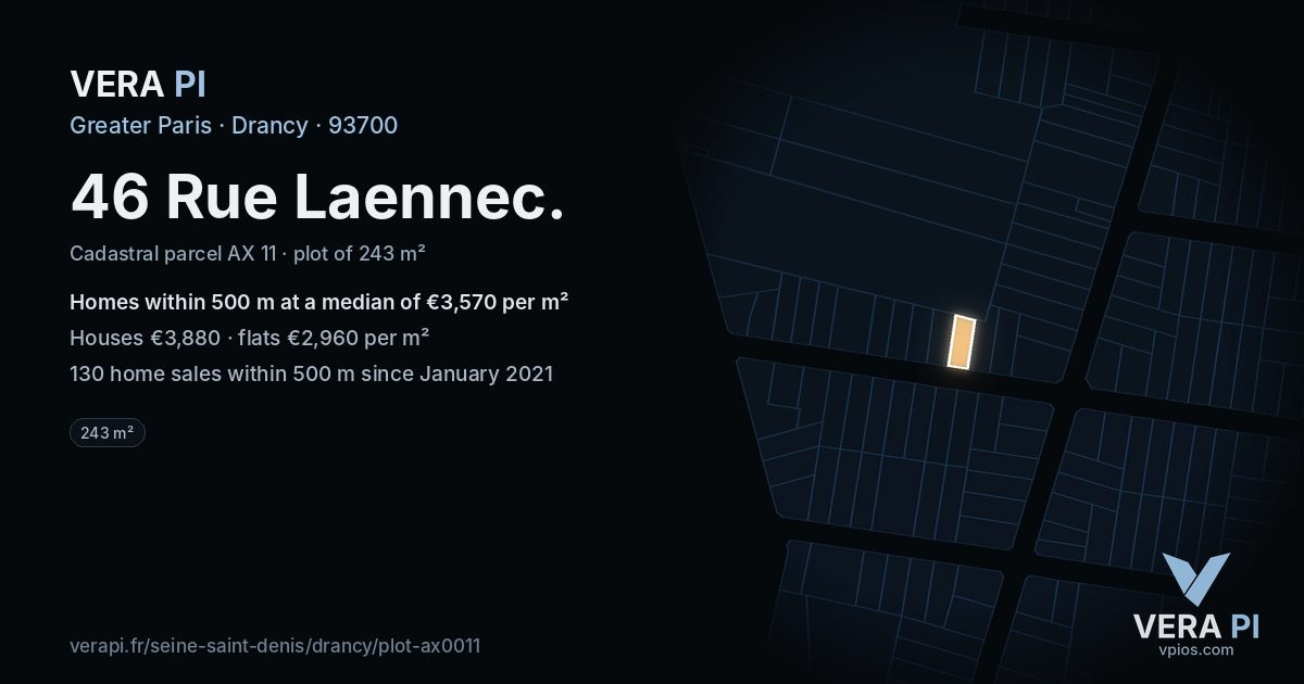 46 Rue Laennec, Drancy at night – the plot lit, the parcels around coloured by the prices near them