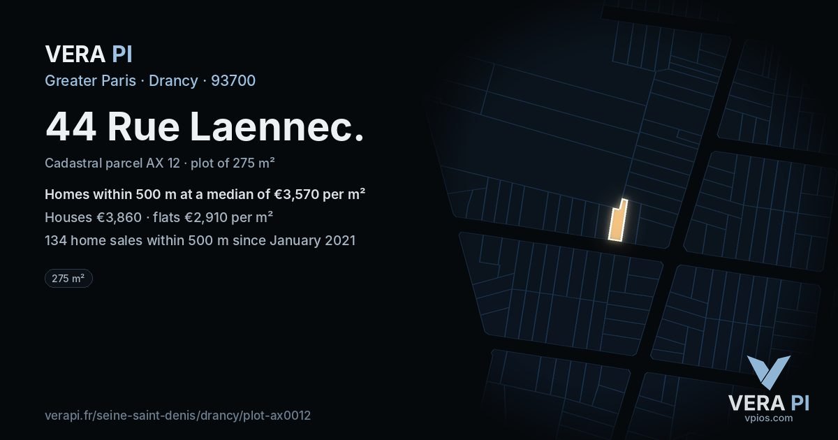 44 Rue Laennec, Drancy at night – the plot lit, the parcels around coloured by the prices near them