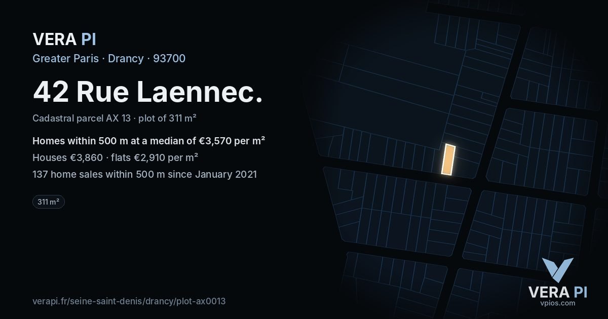 42 Rue Laennec, Drancy at night – the plot lit, the parcels around coloured by the prices near them
