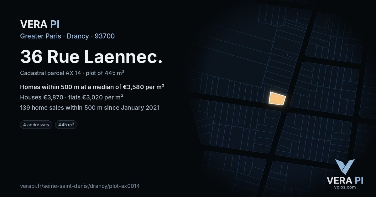 36 Rue Laennec, Drancy at night – the plot lit, the parcels around coloured by the prices near them