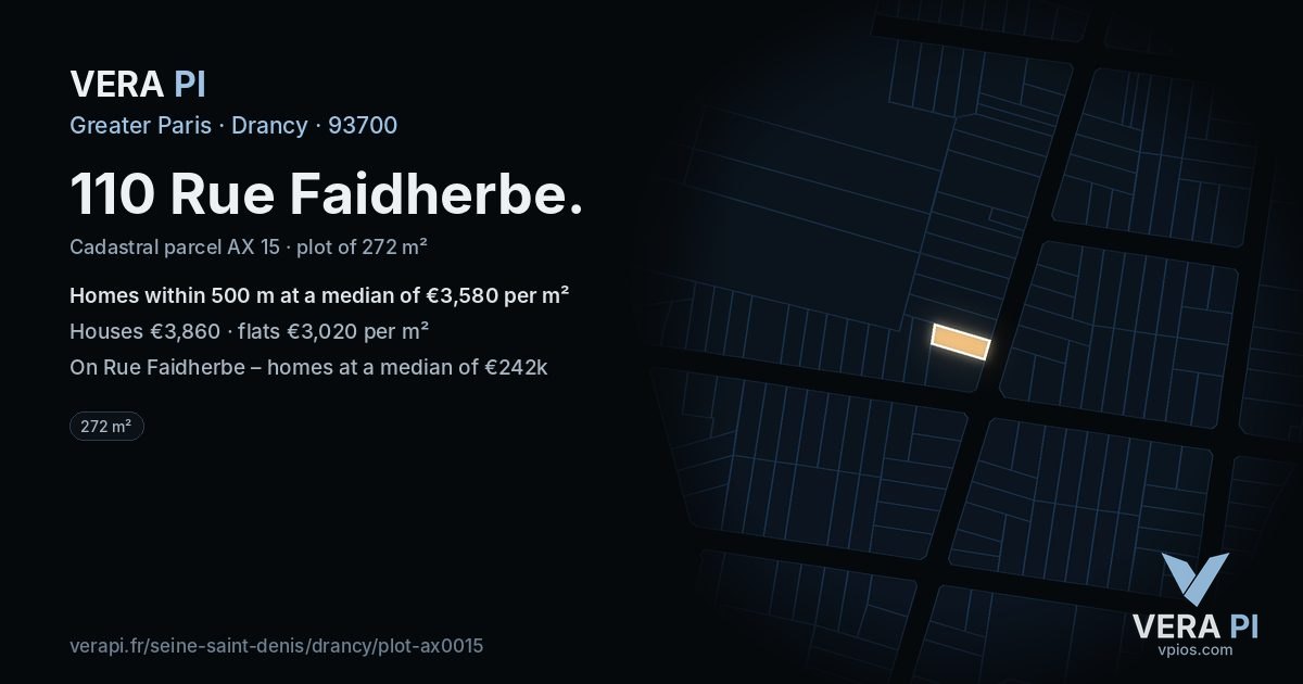 110 Rue Faidherbe, Drancy at night – the plot lit, the parcels around coloured by the prices near them