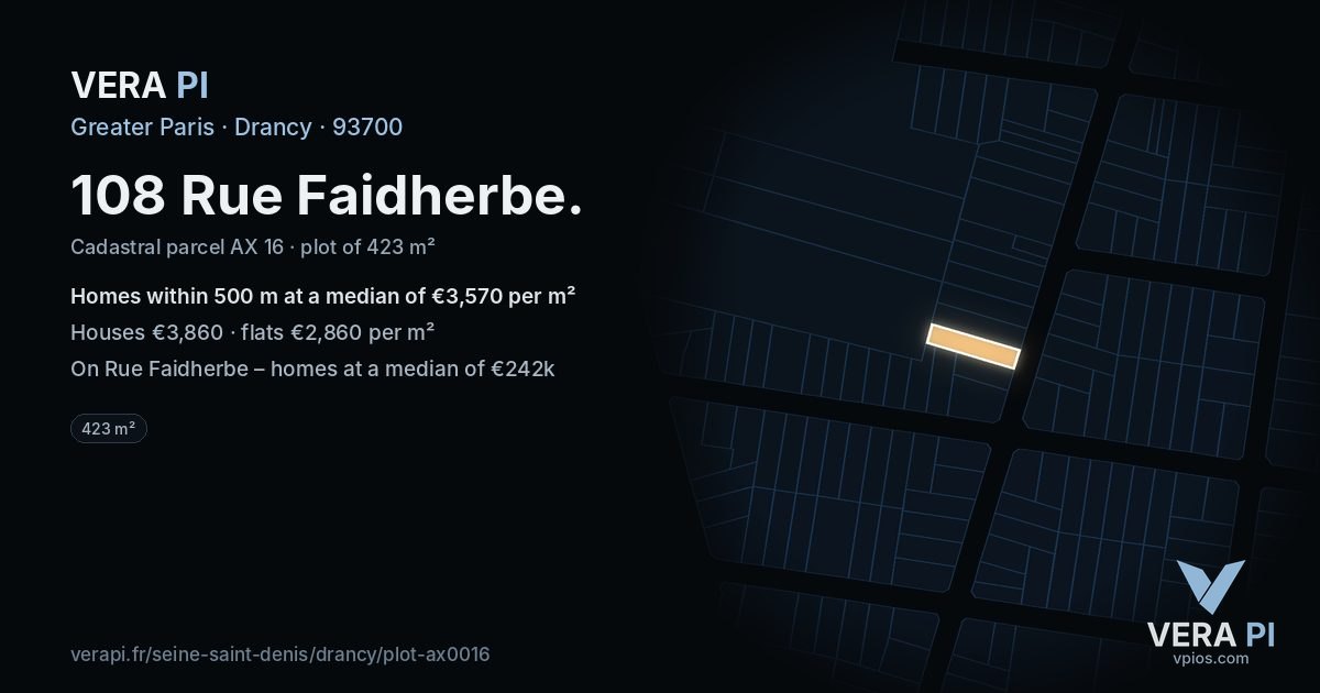 108 Rue Faidherbe, Drancy at night – the plot lit, the parcels around coloured by the prices near them