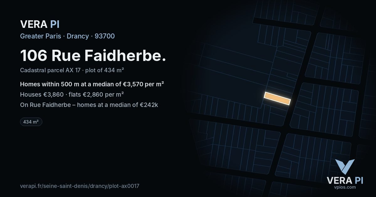106 Rue Faidherbe, Drancy at night – the plot lit, the parcels around coloured by the prices near them