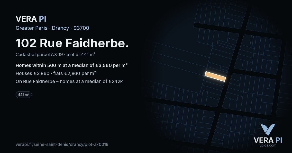 102 Rue Faidherbe, Drancy at night – the plot lit, the parcels around coloured by the prices near them