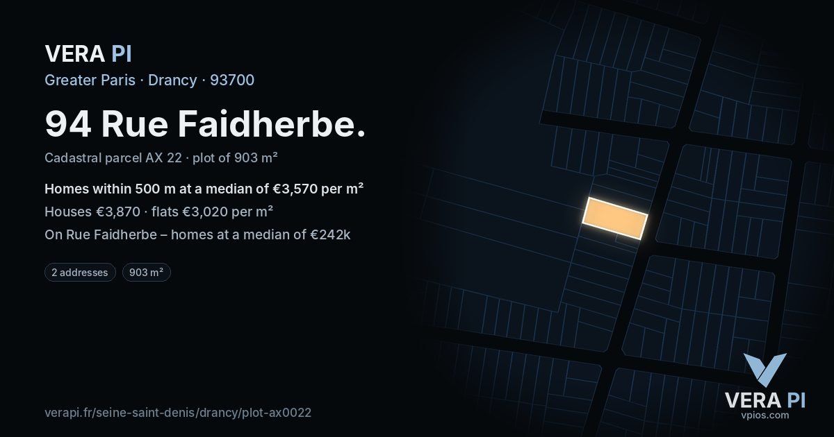 94 Rue Faidherbe, Drancy at night – the plot lit, the parcels around coloured by the prices near them
