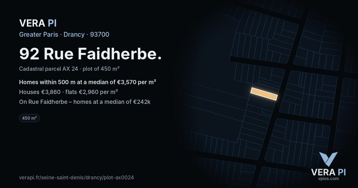 92 Rue Faidherbe, Drancy at night – the plot lit, the parcels around coloured by the prices near them