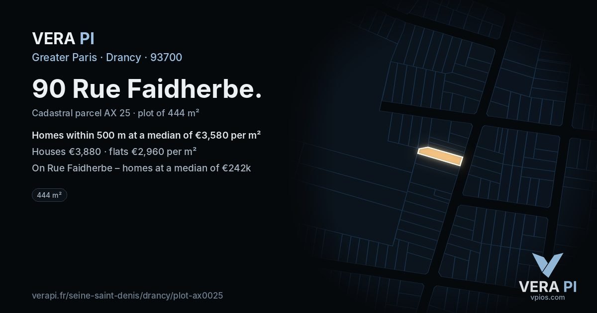 90 Rue Faidherbe, Drancy at night – the plot lit, the parcels around coloured by the prices near them