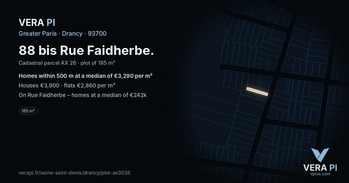 88 bis Rue Faidherbe, Drancy at night – the plot lit, the parcels around coloured by the prices near them