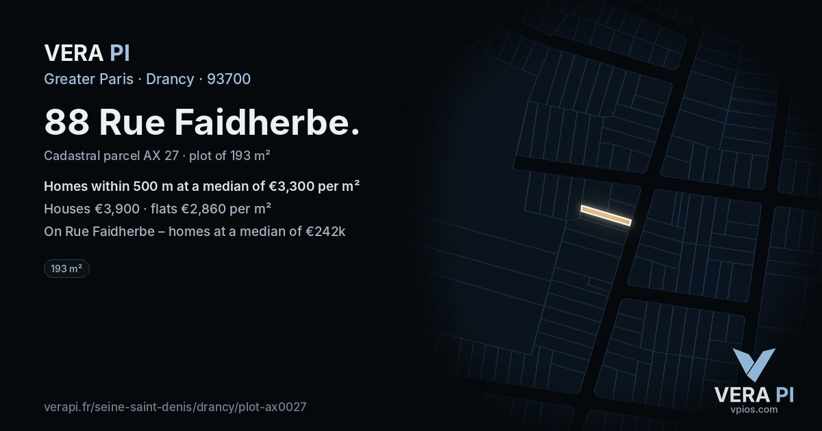88 Rue Faidherbe, Drancy at night – the plot lit, the parcels around coloured by the prices near them