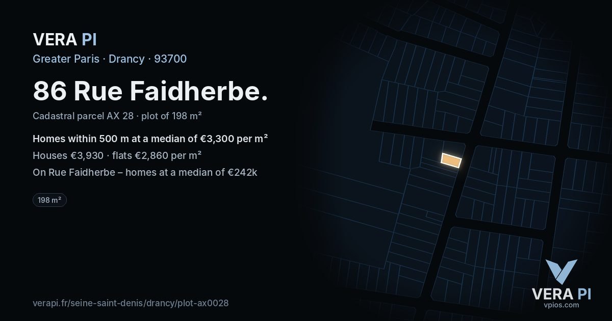 86 Rue Faidherbe, Drancy at night – the plot lit, the parcels around coloured by the prices near them